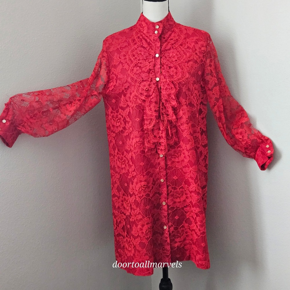 VTG '60s Cathay Imports Red Lace Button Front‎ Dress Ruffle Trim sz L MOD